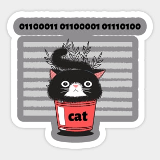 Cat in a pot with a binary cat name Sticker